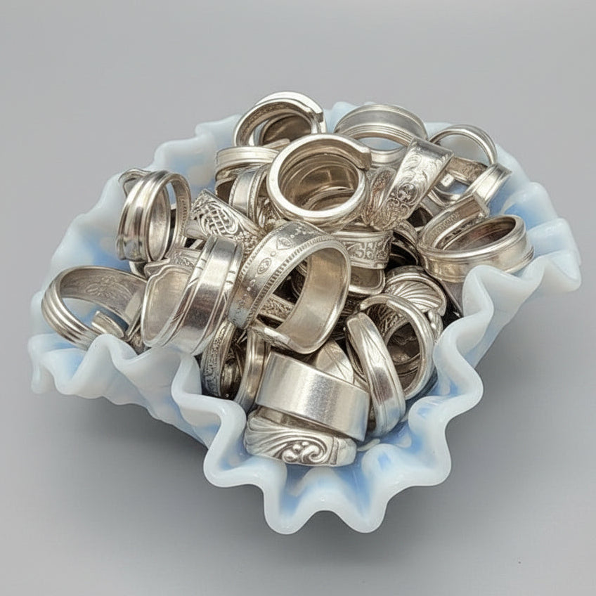 Collection of silver rings in a white dish on a bright background