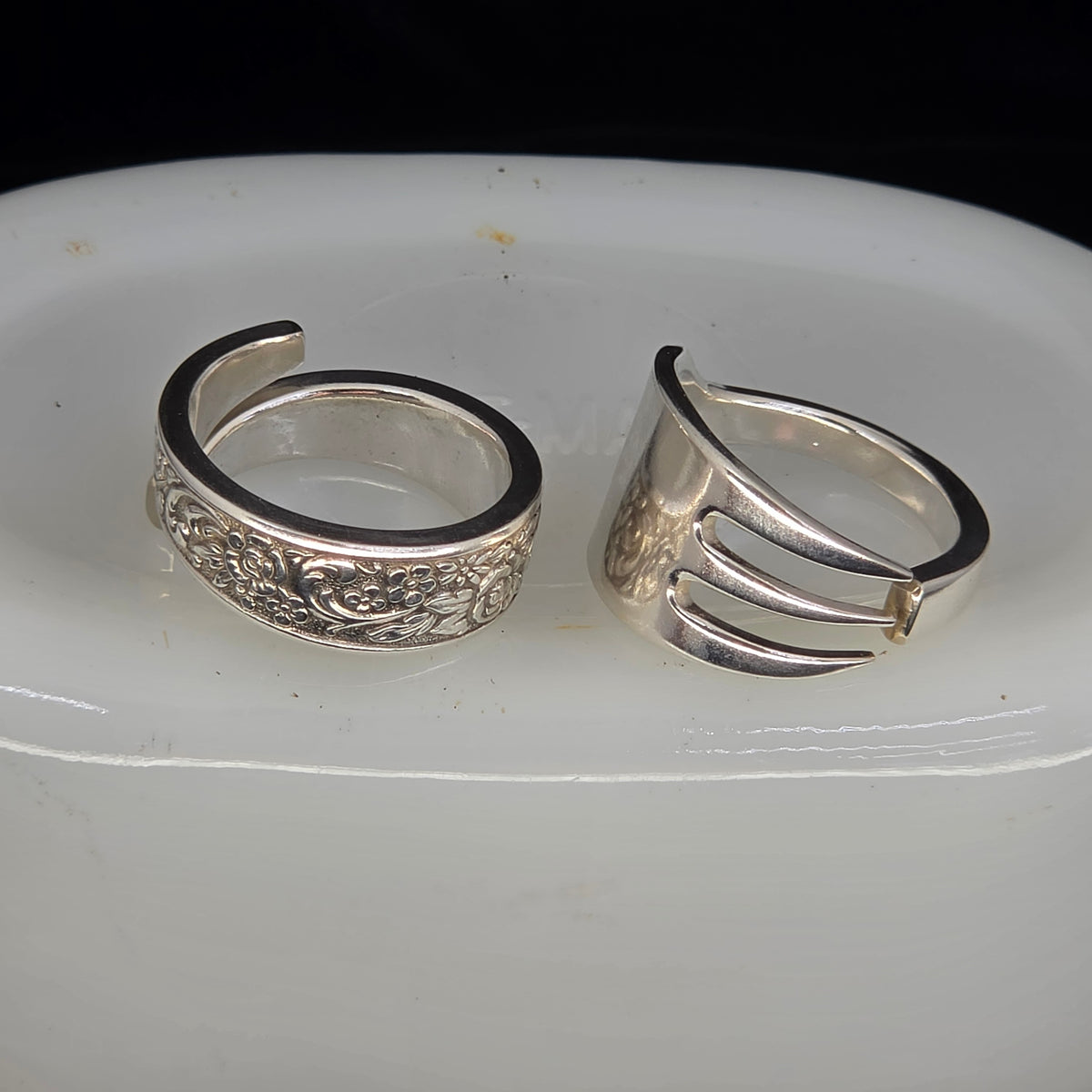One Fork, Two Rings — Vintage Pickle Fork Matched Ring Sets