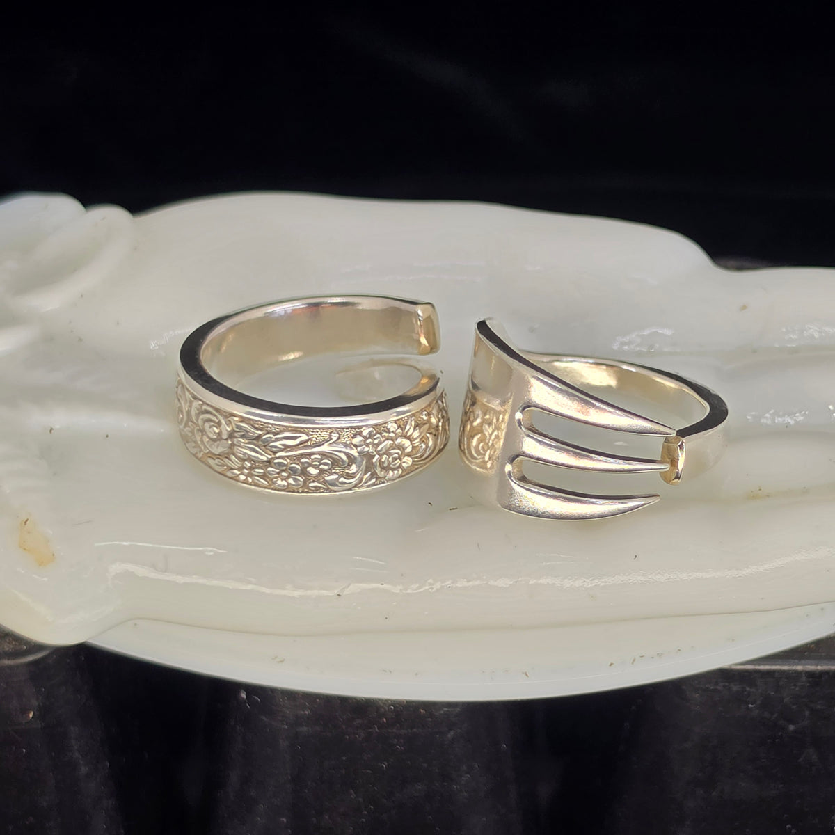 One Fork, Two Rings — Vintage Pickle Fork Matched Ring Sets