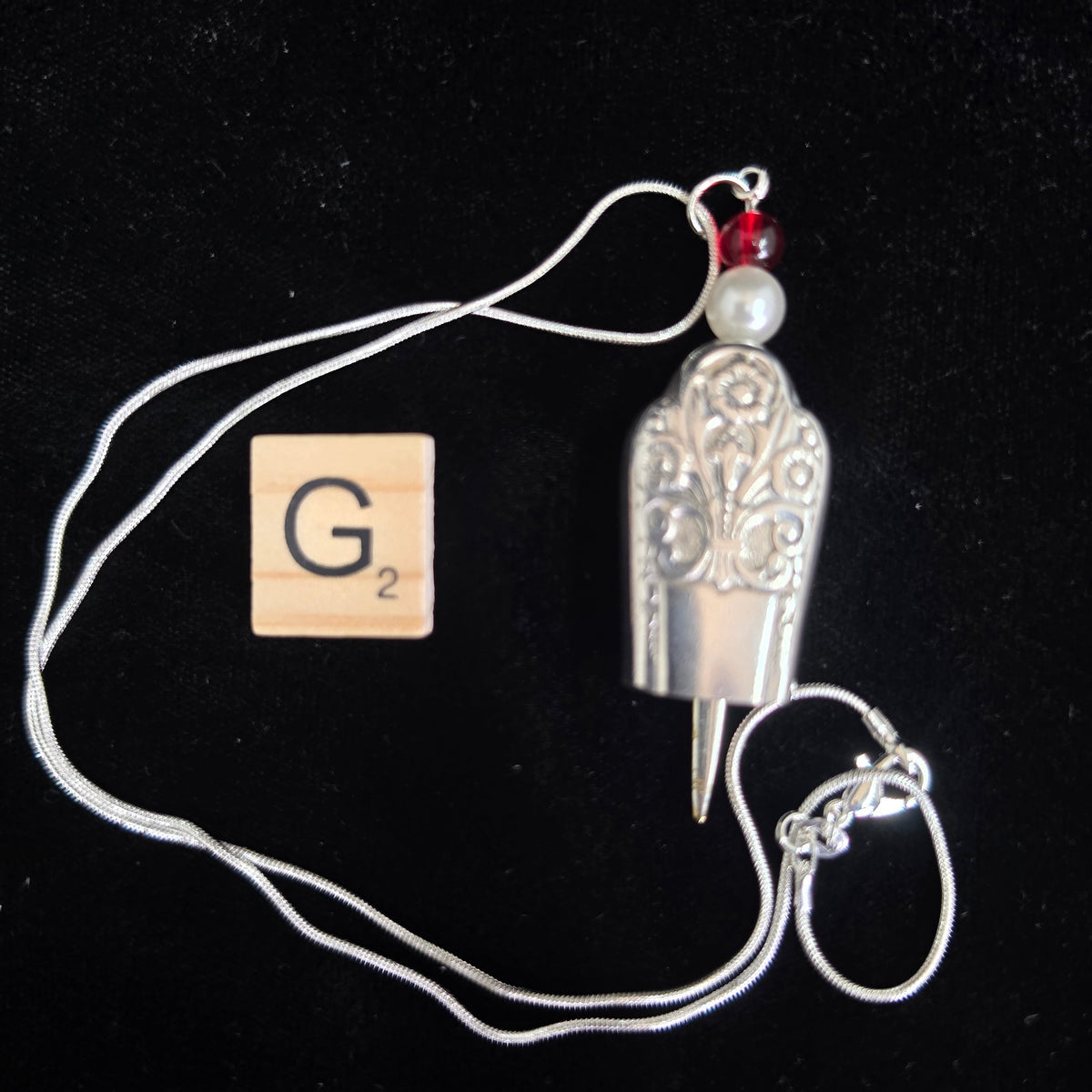 Gardenia Fairy Bell, Vintage 1941 Silver Plate Knife Handle Necklace