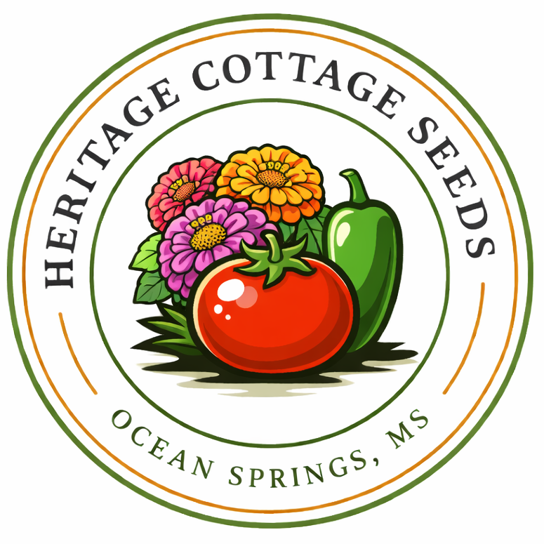 Heritage Cottage Seeds logo with vegetables and flowers on a white background