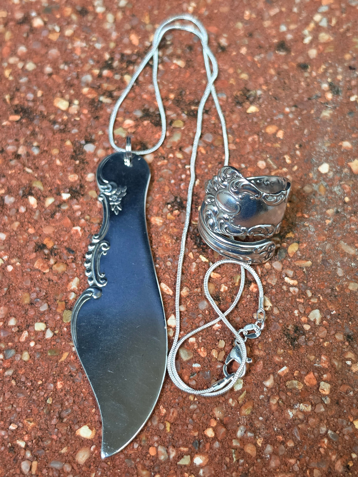 Vintage Twisted Butter Spreader Ring and Pendant Set